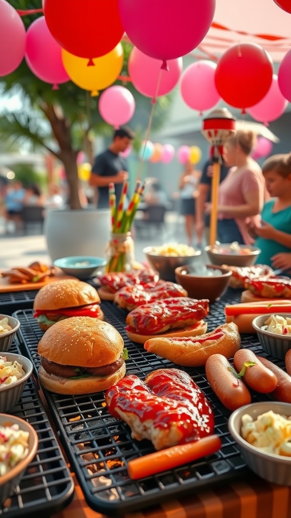 Outdoor Sweet 16 barbecue party with grilled food and colorful decorations.